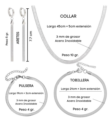 Imagen 8 de 10 de Set Collar Aretes Pulsera Tobillera Panza Vibora Acero Plata