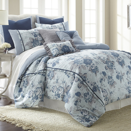 Juego De Edredon King Size Estampado Floral 8pzs Azul Claro
