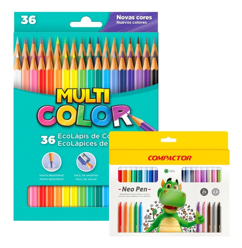 Kit Lápis De Cor Multicolor 36 Cores + Canetinha 24 Cores