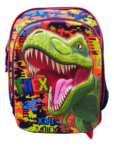 Mochila Con Carro Dinosaurio T-rex Pixel 3d Primaria Chenson Verde Poliéster