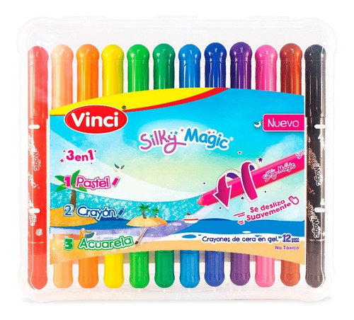 Set 12 Crayón De Cera En Gel Vinci Silky Magic 3 En 1