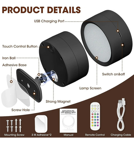 Lámpara De Pared Led Magnética, Luz De Lectura Recargable