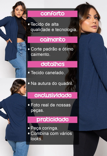 Imagem 7 de 9 de Kimono Cardigan Malha Canelada Inverno Blusinha Frio Aberto