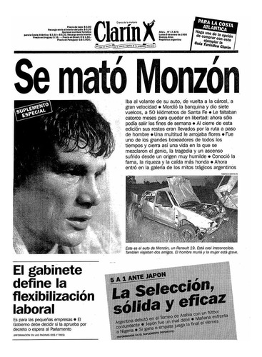 Tapa Diario Clarin 9/1/1995 Muerte De Carlos Monzón