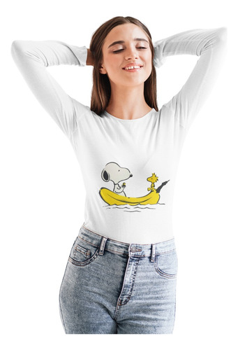 Polera Larga Snoopy Charlie Brown Banana Estampada Algodon