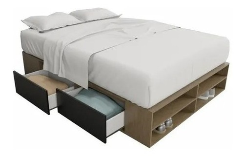 Cama Box Sommier Con Zapatero 140x190 Nogal/negro 6442