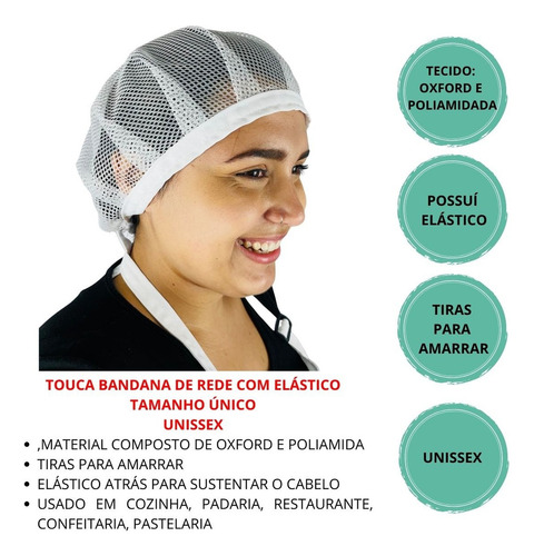Kit 3 Touca Bandana Rede Preta Restaurante, Cozinha, Cor Branco
