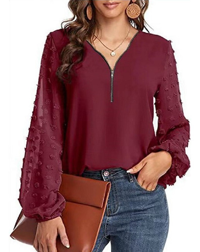 Blusa Cuello En V Elegante Camisa De Gasa Manga Larga