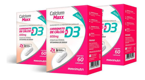 Kit 03 Calcium Maxx Cálcio D3 600mg 60 Capsulas Maxinutri