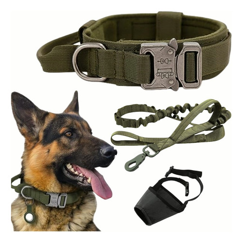 Collares Táctico Y Cuerda Para Perros Medianos Y Grandes Color Verde Militar Tamaño Del Collar L