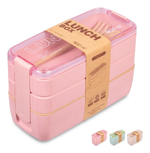 Toppers Lunch Box de Magma Life, Tupper con 3 Pisos, Lonchera Portátil, Bento Box con 3 Compartimentos para Alimentos, apto para Microondas, Incluye Cuchara, Tenedor, Capacidad 900 ml