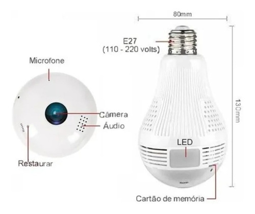 Imagem 3 de 5 de Camera Ip Seguraca Lampada Vr 360 Panoramica Espia Wifi Prom