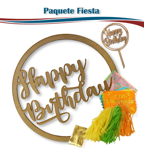 Paquete Fiesta Con Letrero  Feliz Cumpleaños  De 50 Cm, Mdf