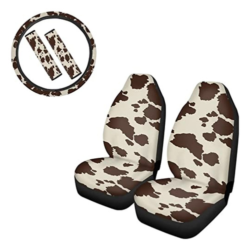 Brown Cow Print Car Seat Covers With Steering Wheel Cov...
