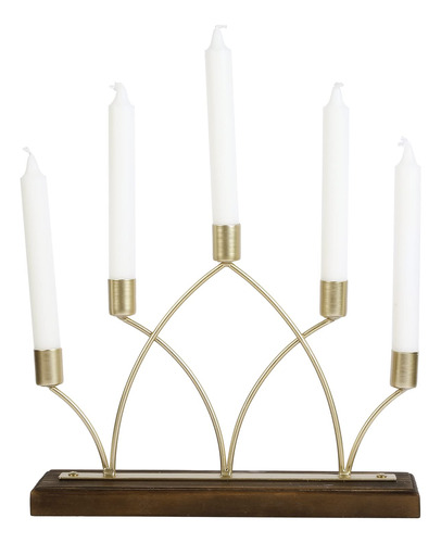 Candelabro Moderno Metal Tono Laton Madera Quemada Centro