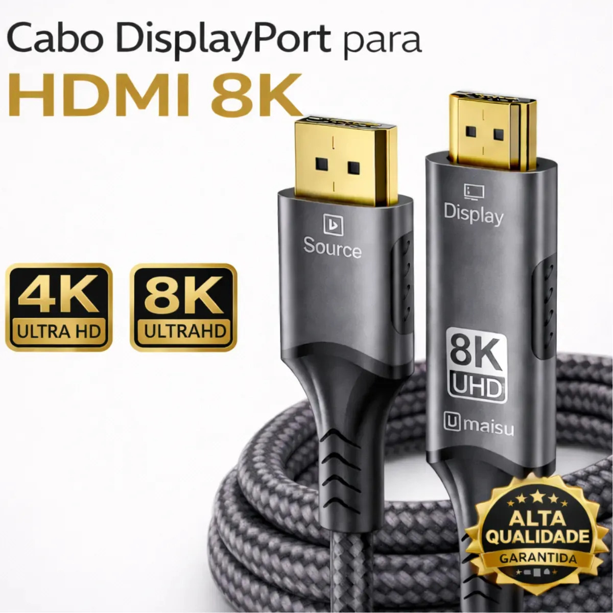 Cabo Displayport 8k 4k Para Hdmi 2.1.8 Metros Full Hd Dp Para Hdmi Blindado Ativo