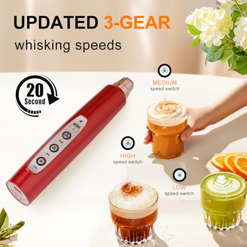 Batidor De Leche Rojo Yuswko De Mano Con 3 Cabezales, Batido