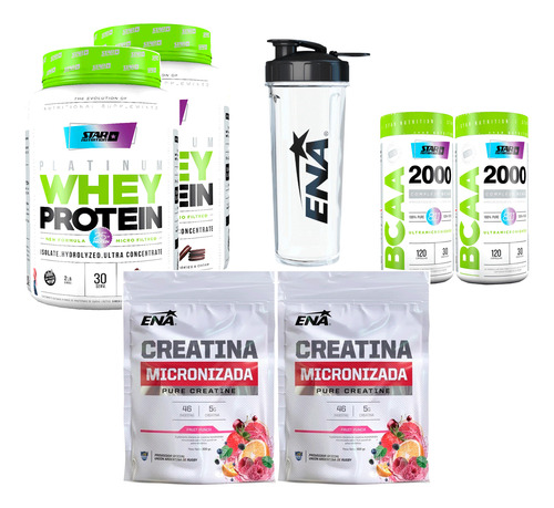 Kit 2 Proteina Co&cream + 2 Creatinas + 2 Bcaa 2000 + Shaker