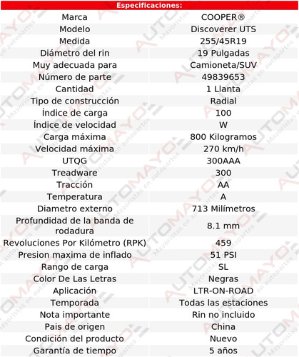 Llanta Discoverer Uts Cooper 255/45r19 100w