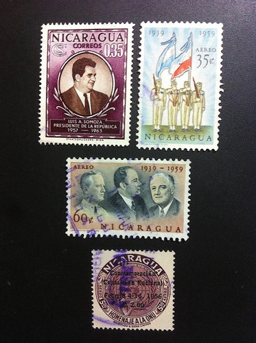 4 Timbres Postales De Nicaragua Estampillas 1956-59