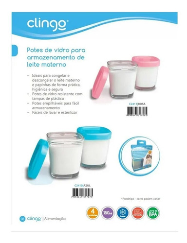 Potes De Vidro Armazenamento Leite C/4 Azul Clingo Op2