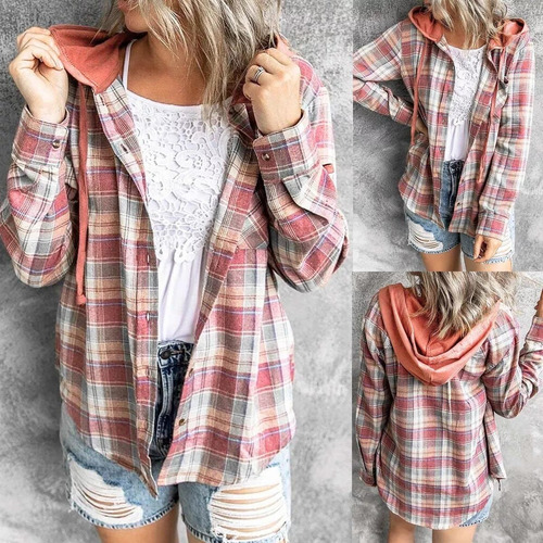 Camisas Manga Larga Para Mujer A Cuadros Con Capucha Cordón