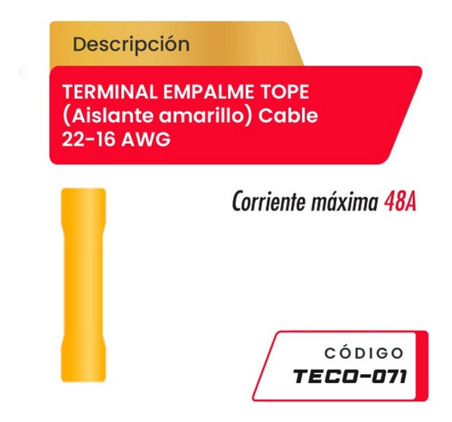 Terminal Empalme Tope Cable 22-16awg Teco-071  Amarillo
