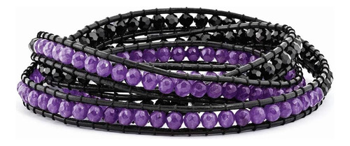 Cuentas De Cristal Negro Y Cuarzo Morado Y Cuero, Pulsera Mu