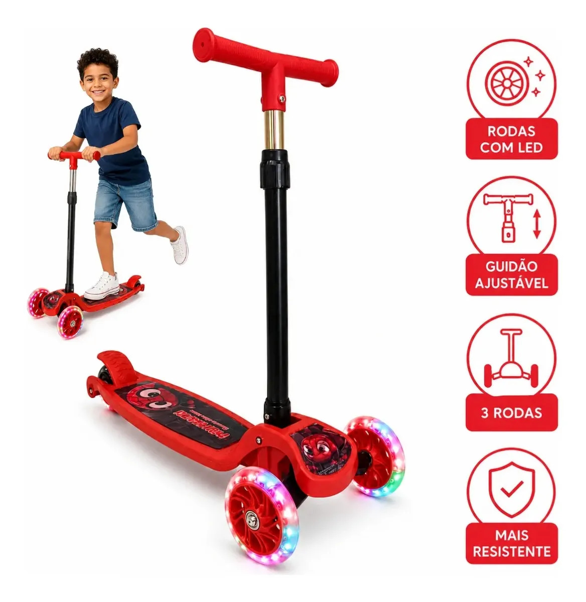 Patinete Infantil 3 Rodas Para Menino Menina Dobrável Ajustável Rodinhas Gel Com Led Atacarejo Kids Vermelho