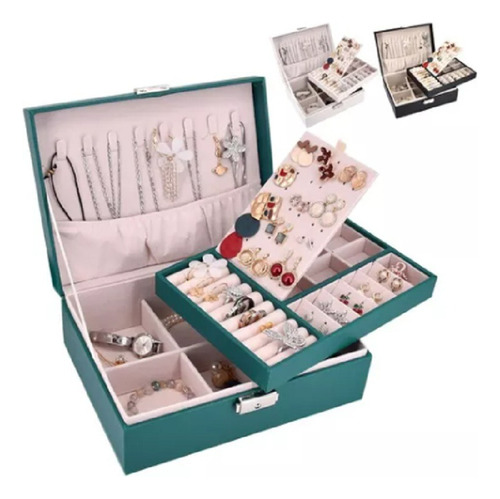 Maletin Joyero, Organizador De Joyas Cuero Verde 2 Niveles