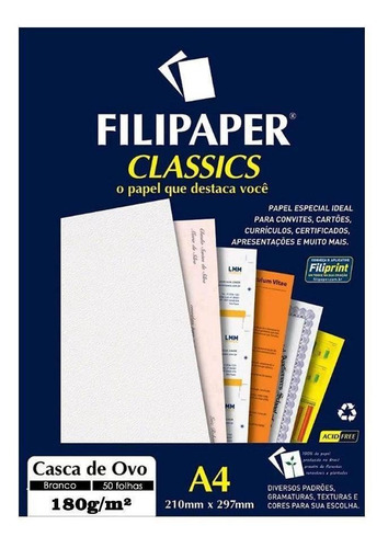 Papel Casca De Ovo Branco A4 180g/m² Filipaper 50 Folhas