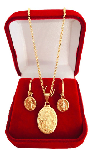 Conjunto Kit Brinco E Corrente Medalha Milagrosa Das Graças Cor Dourado