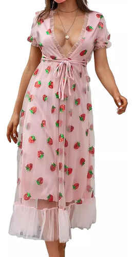Vestido Largo Tul Verano Estampado Fresas Y Bordado Kawaii