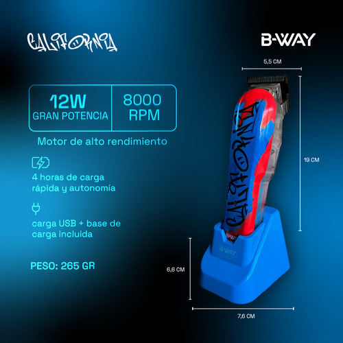 Cortadora De Pelo Bway California Inalámbrica Con Accesorios Maquina Corta Pelo Profesional 8000 Rpm