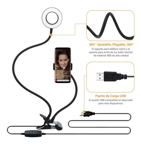 Imagen 3 de 7 de Aro De Luz Led Con Soporte Flexible Ajustable Para Celular