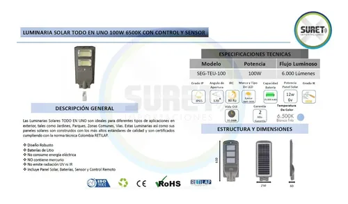 Lampara Led Solar A/p 100w Control Y Sensor + Soporte