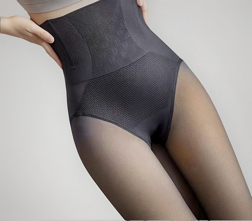Medias Pantys Efecto Piel Con Faja Tiro Alto Negro Liso Único