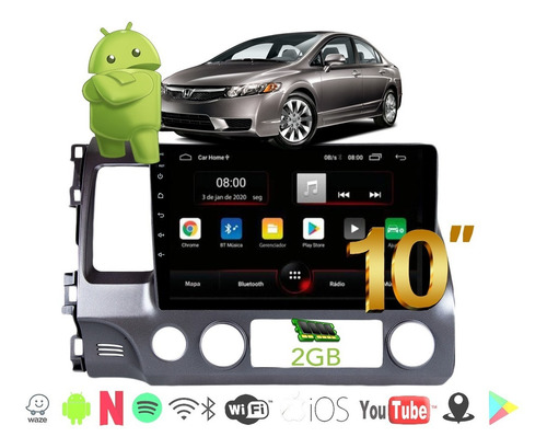 Imagem 1 de 9 de Kit Multimidia Honda Civic 08 09 10 11 Android 6.0 Wifi Waze