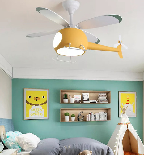 Ventilador De Techo Con Luz Tipo Helicoptero Color Amarillo