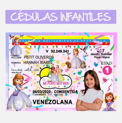 Cédula Infantil Diseño Princesa Sofía, Juguetes Para Niños