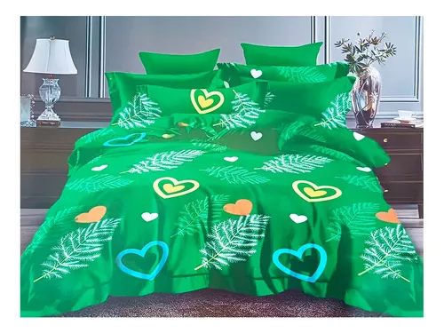 Juego De Sabana 144 Hilos 1.5 Plazas Verde Corazones