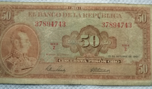 Billete Colombiano De 1967 De 50 Pesos 