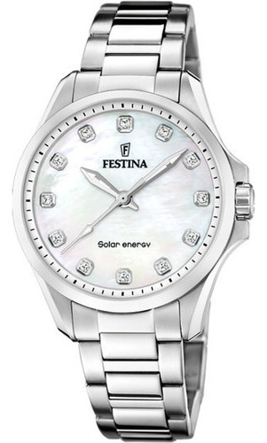 Reloj Festina F20654.1 Para Mujer Solar Energy Analogico Color de la malla Acero Color del bisel Plateado Color del fondo Nácar