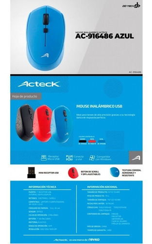 Mouse Inalambrico Usb Acteck Color Azul