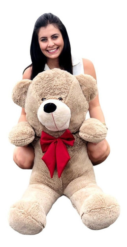 Urso Teddy Gigante Pelúcia Com Laço 1,10m Cores Antialérgico Cor Avelã / Vermelho