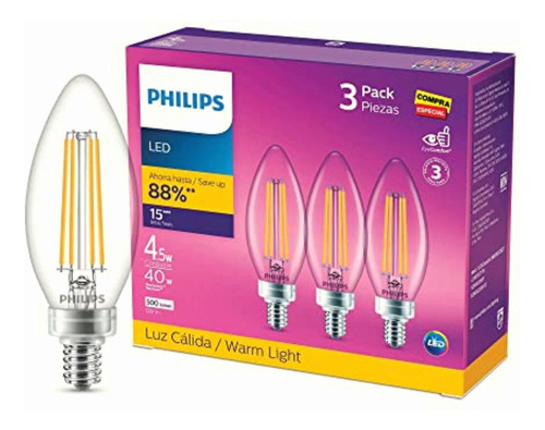 Philips Led Vela Luz Cálida 4.5w = 40w Base E12 3pack