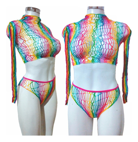 C^ Conjunto De Lencería De Red Arcoiris Sensual Con Gorro