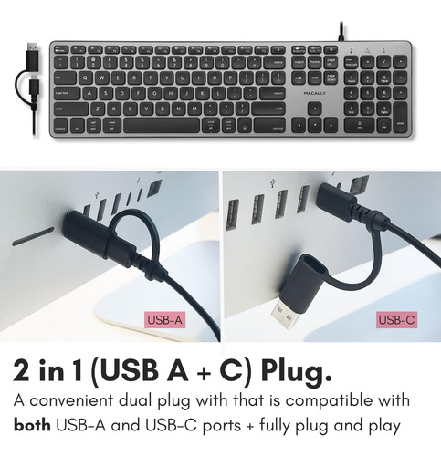 Teclado Macally Con Cable Y Concentrador Usb Para Mac