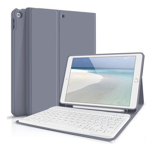 Funda Gris Soporte Teclado Blanco Para iPad 7/8/9