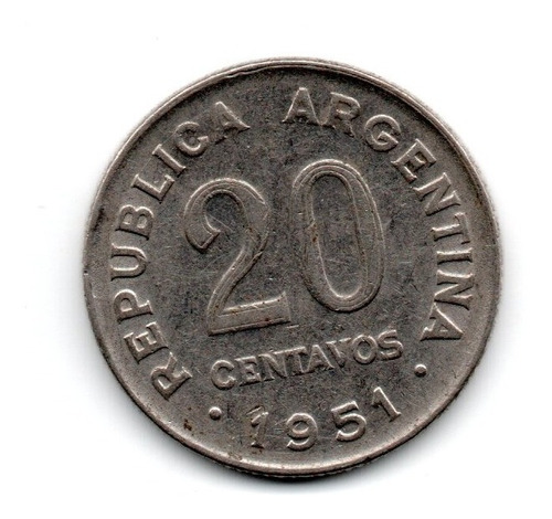 Moneda Argentina 20 Centavos 1951 Canto Irregular C#229.3 Ex